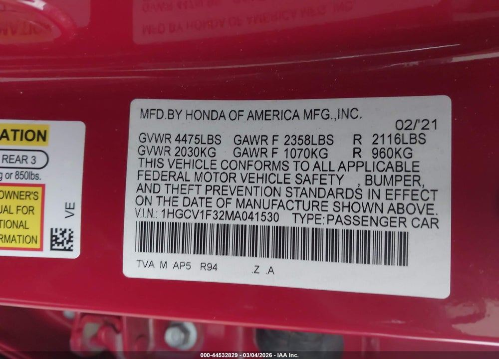 2021 HONDA ACCORD SPORT VIN: 1HGCV1F32MA041530