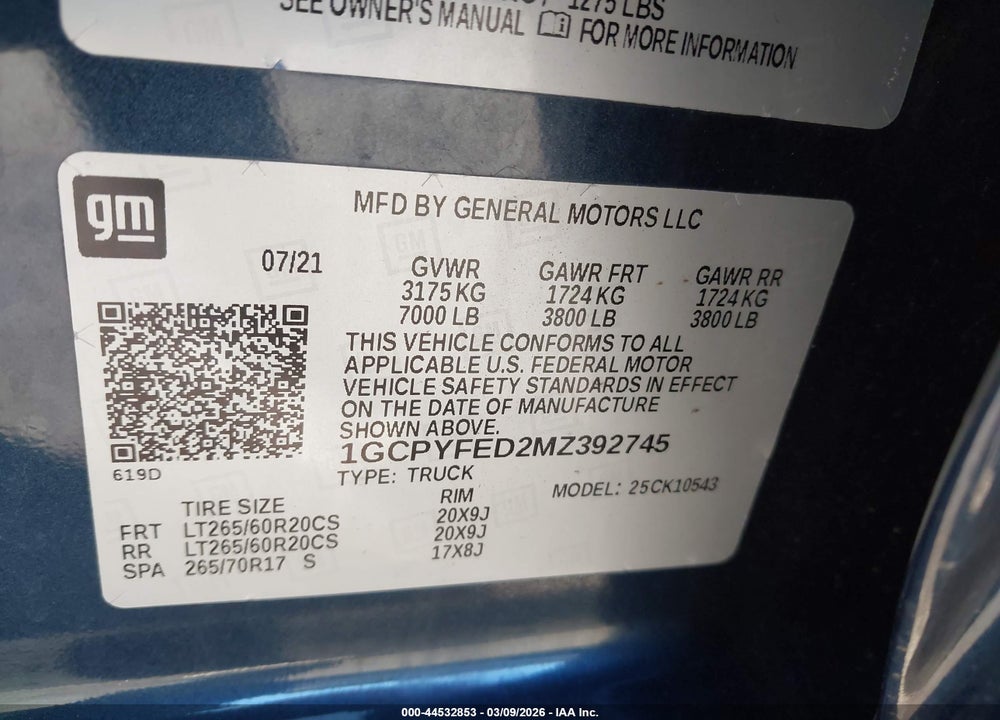 2021 CHEVROLET SILVERADO 1500 4WD  SHORT BED LT TRAIL BOSS VIN: 1GCPYFED2MZ392745