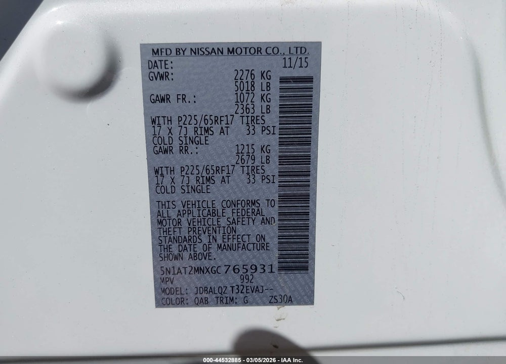 2016 NISSAN ROGUE SV VIN: 5N1AT2MNXGC765931