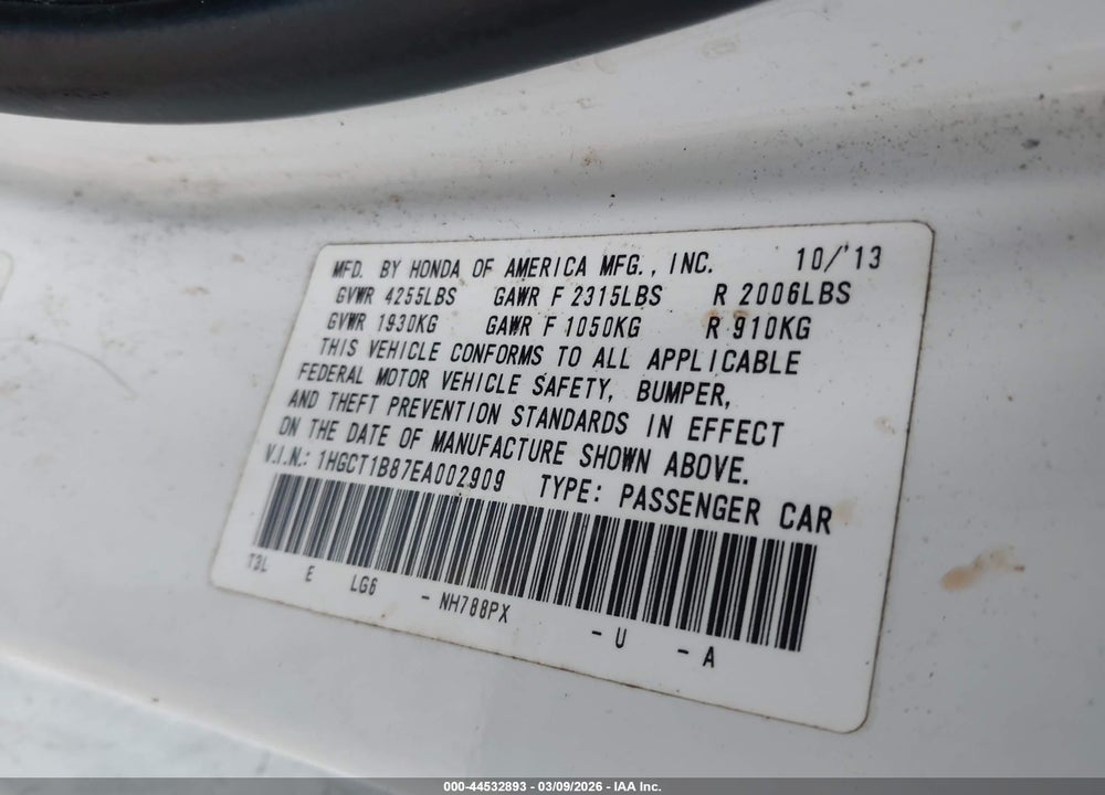 2014 HONDA ACCORD VIN: 1HGCT1B87EA002909