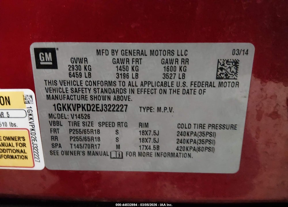 2014 GMC ACADIA SLE-2 VIN: 1GKKVPKD2EJ322227