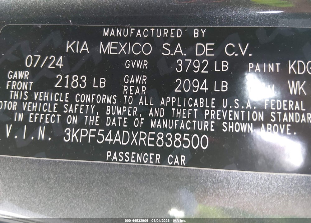 2024 KIA FORTE GT-LINE VIN: 3KPF54ADXRE838500