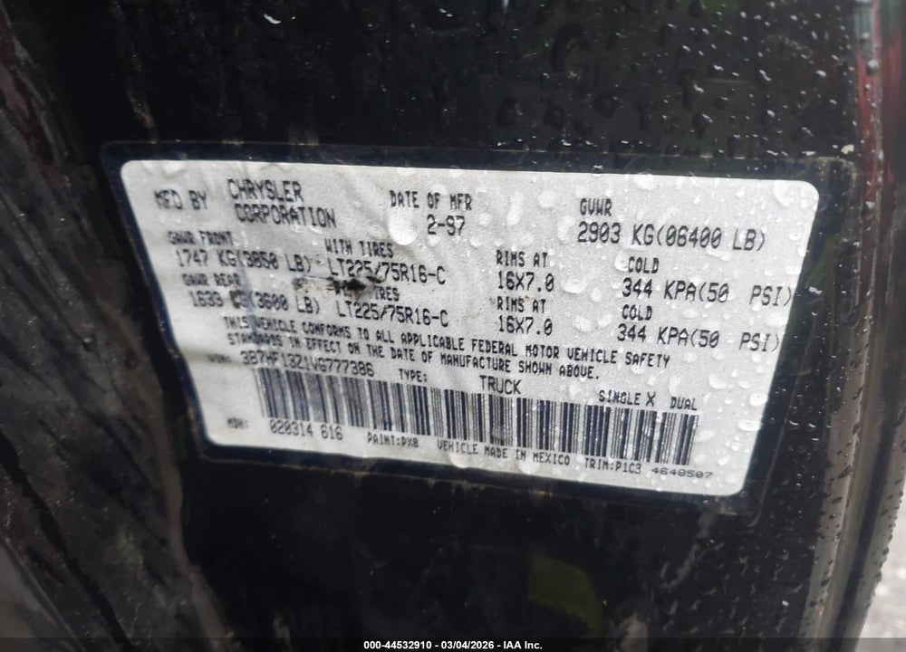 1997 DODGE RAM 1500 ST VIN: 3B7HF13Z1VG777386