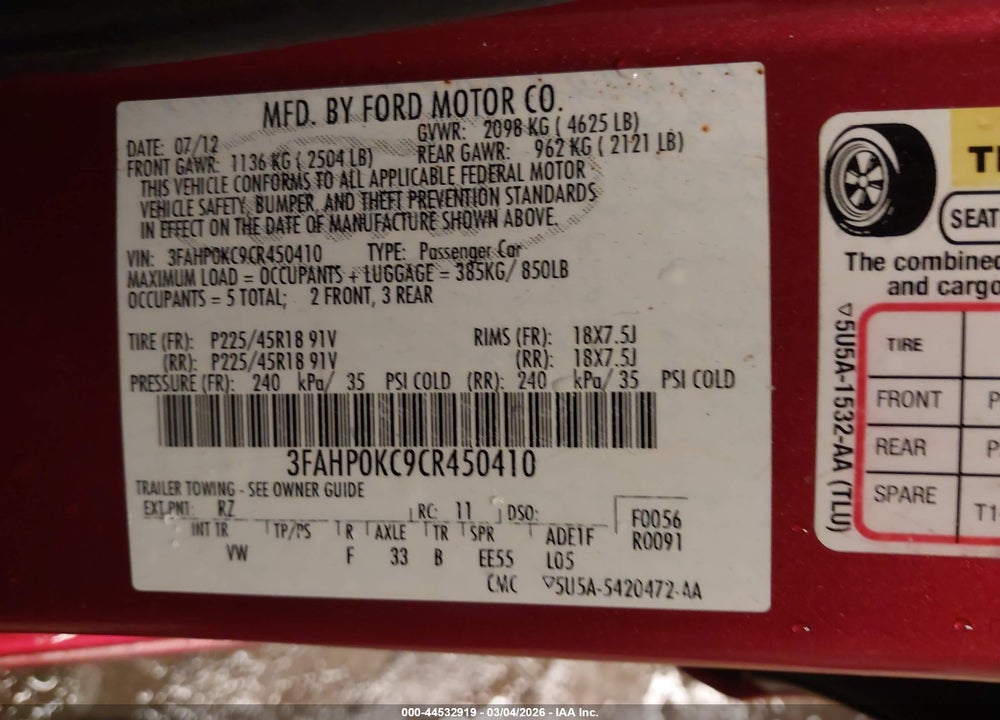 2012 FORD FUSION SPORT VIN: 3FAHP0KC9CR450410
