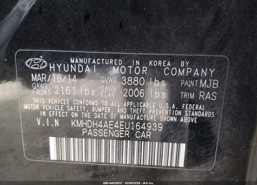 2014 HYUNDAI ELANTRA LIMITED VIN: KMHDH4AE4EU164939