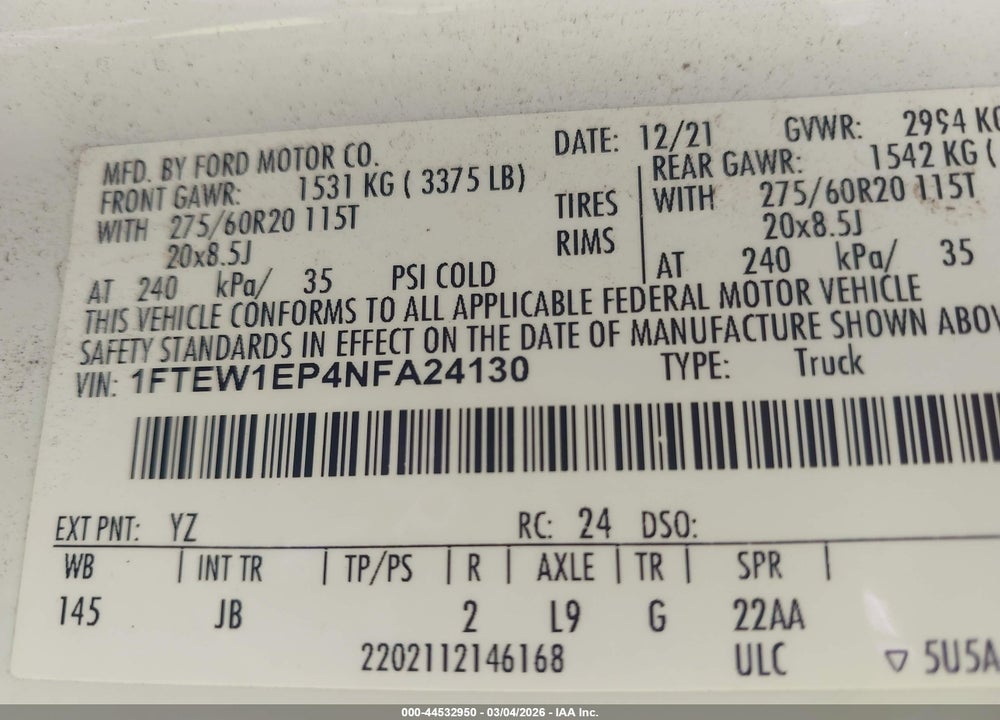 2022 FORD F-150 XL VIN: 1FTEW1EP4NFA24130