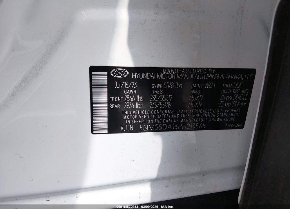 2023 HYUNDAI SANTA FE HYBRID LIMITED VIN: 5NMS5DA13PH013568