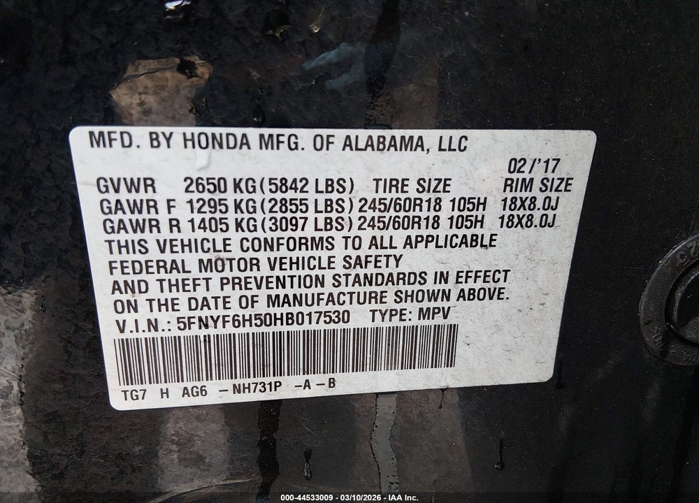 2017 HONDA PILOT EX-L VIN: 5FNYF6H50HB017530