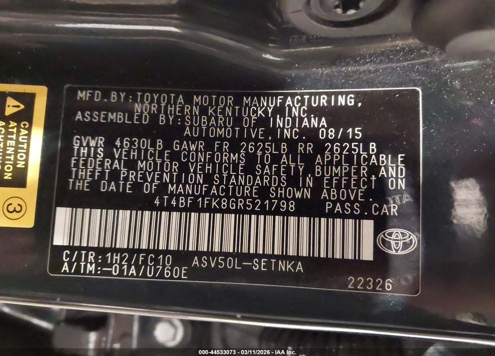 2016 TOYOTA CAMRY LE VIN: 4T4BF1FK8GR521798