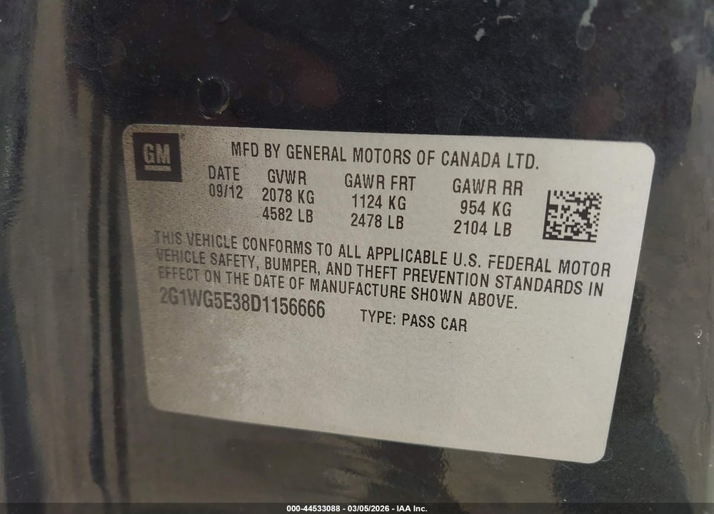 2013 CHEVROLET IMPALA LT VIN: 2G1WG5E38D1156666