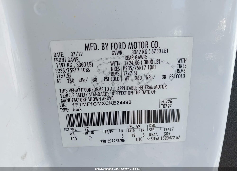 2012 FORD F-150 XL VIN: 1FTMF1CMXCKE24492