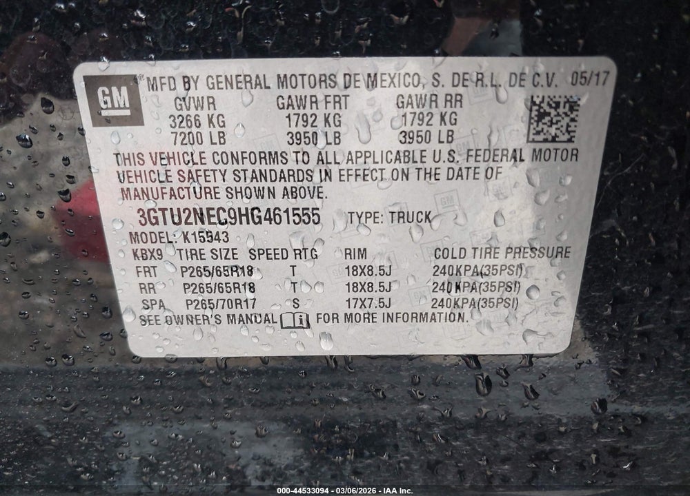 2017 GMC SIERRA 1500 SLT VIN: 3GTU2NEC9HG461555