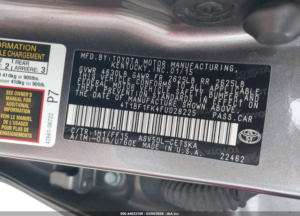 2015 TOYOTA CAMRY SE VIN: 4T1BF1FK4FU028225