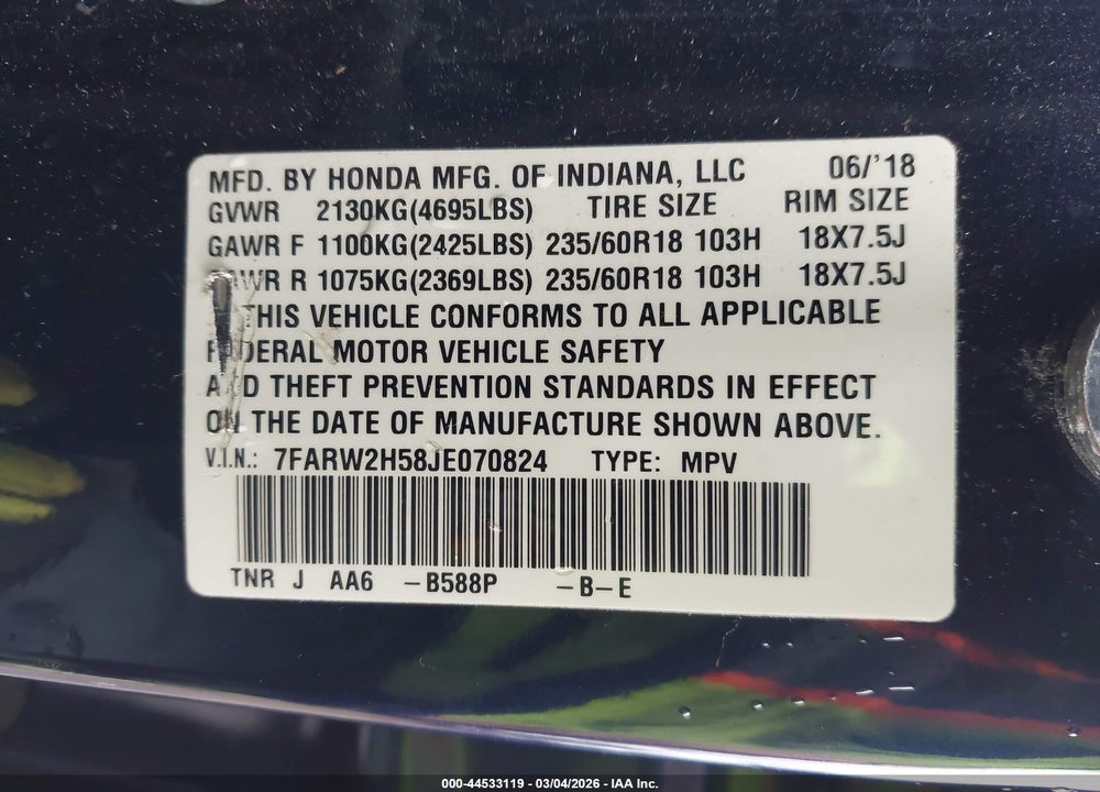 2018 HONDA CR-V EX VIN: 7FARW2H58JE070824