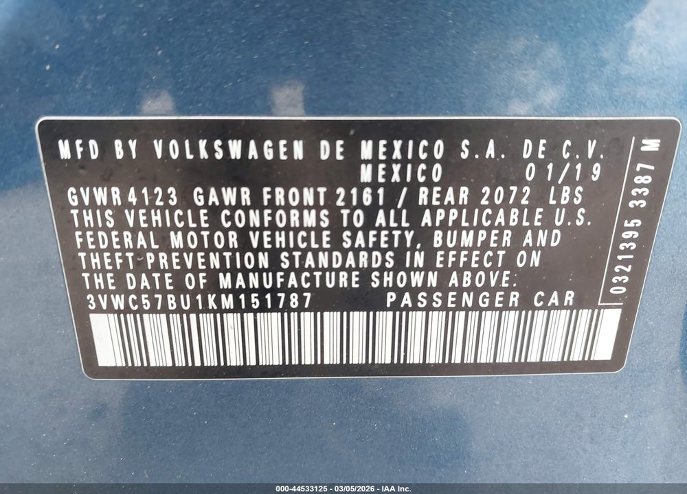 2019 VOLKSWAGEN JETTA 1.4T R-LINE/1.4T S/1.4T SE VIN: 3VWC57BU1KM151787