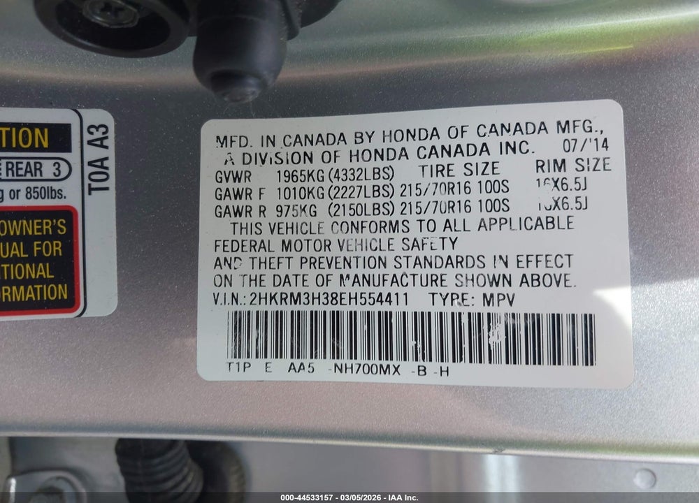2014 HONDA CR-V LX VIN: 2HKRM3H38EH554411