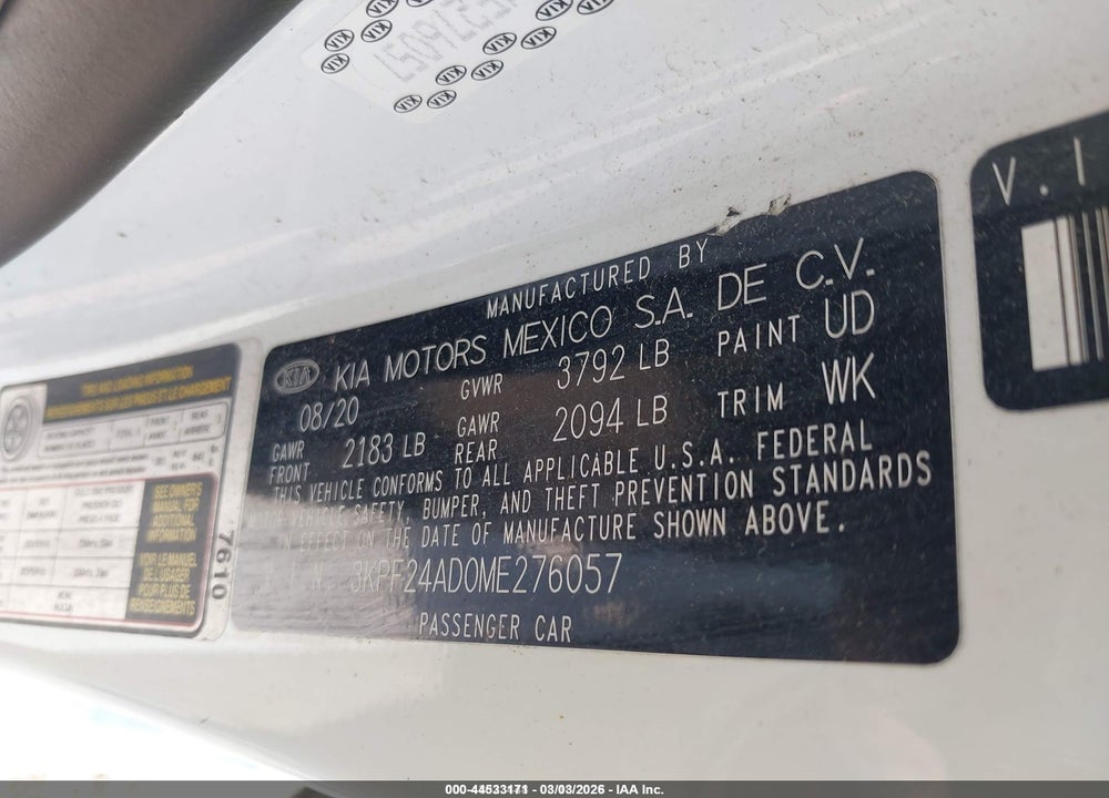 2021 KIA FORTE LXS VIN: 3KPF24AD0ME276057