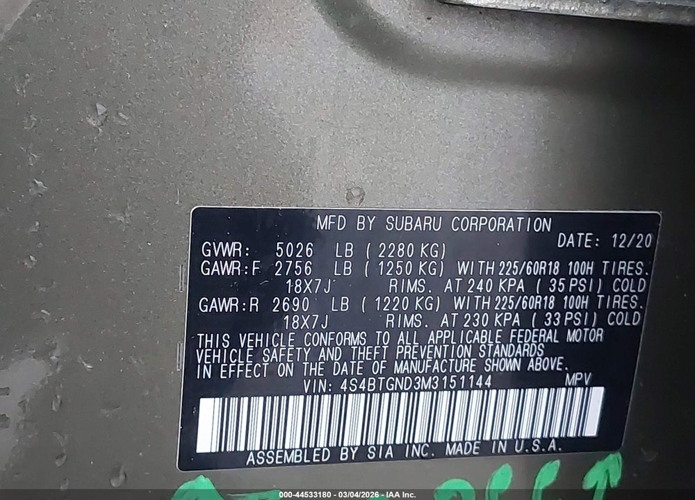 2021 SUBARU OUTBACK LIMITED XT VIN: 4S4BTGND3M3151144