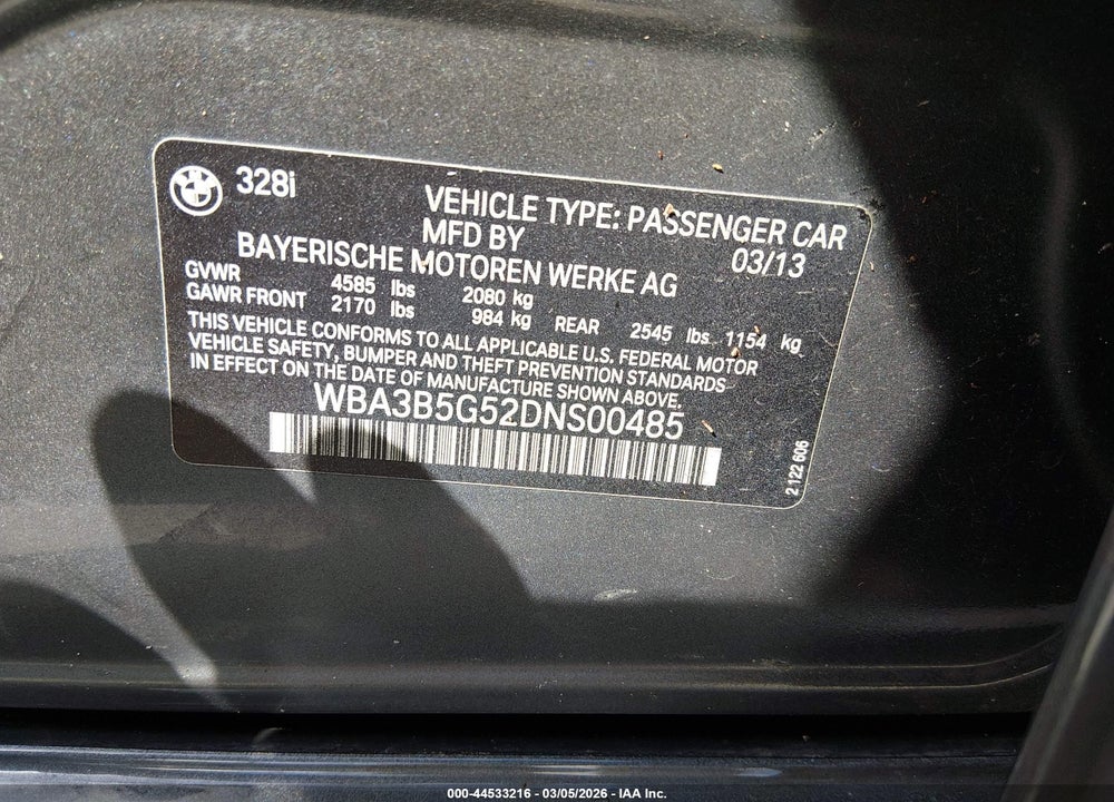 2013 BMW 328I XDRIVE VIN: WBA3B5G52DNS00485