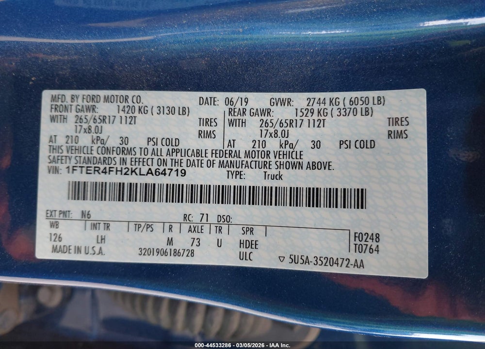 2019 FORD RANGER XLT VIN: 1FTER4FH2KLA64719