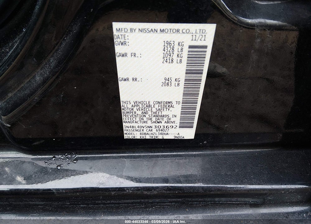 2022 NISSAN ALTIMA SV FWD VIN: 1N4BL4DV5NN303692