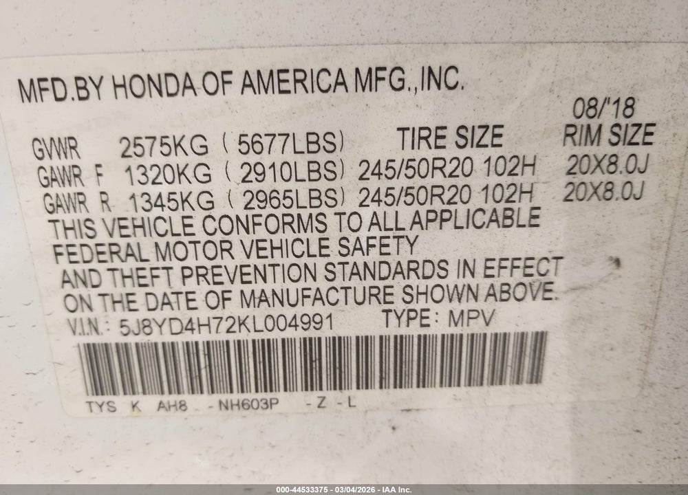 2019 ACURA MDX TECH   ENTERTAINMENT PKGS VIN: 5J8YD4H72KL004991