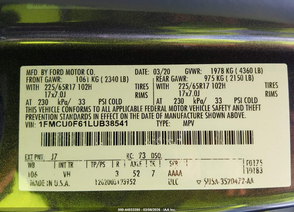 2020 FORD ESCAPE S VIN: 1FMCU0F61LUB38541