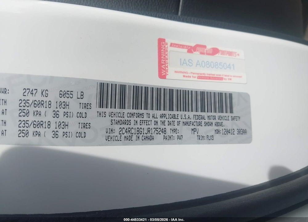 2018 CHRYSLER PACIFICA TOURING L VIN: 2C4RC1BG1JR175248