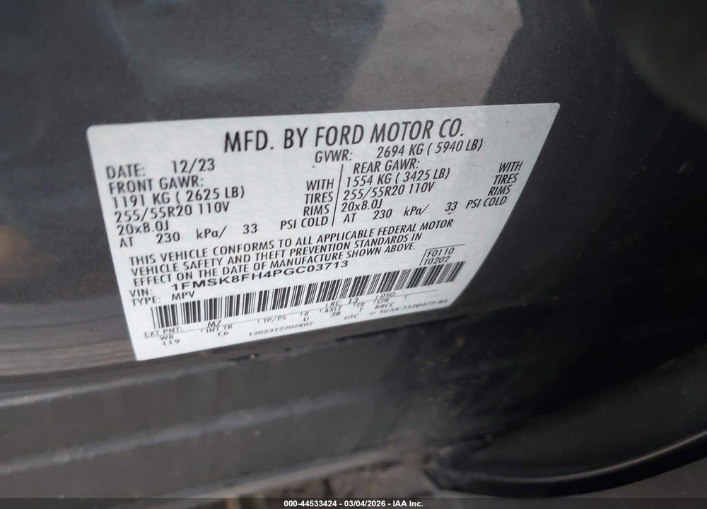 2023 FORD EXPLORER LIMITED VIN: 1FMSK8FH4PGC03713