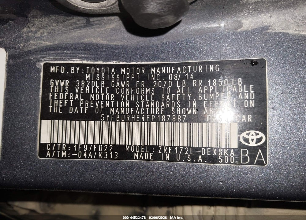 2015 TOYOTA COROLLA S VIN: 5YFBURHE4FP187887
