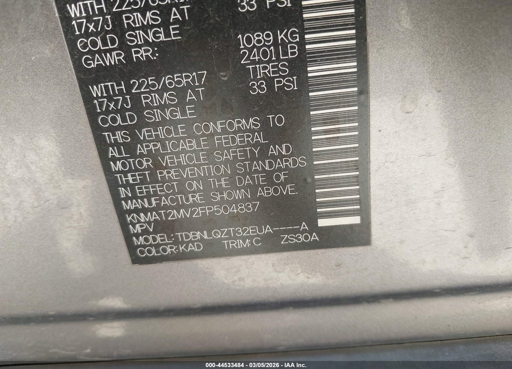 2015 NISSAN ROGUE SV VIN: KNMAT2MV2FP504837