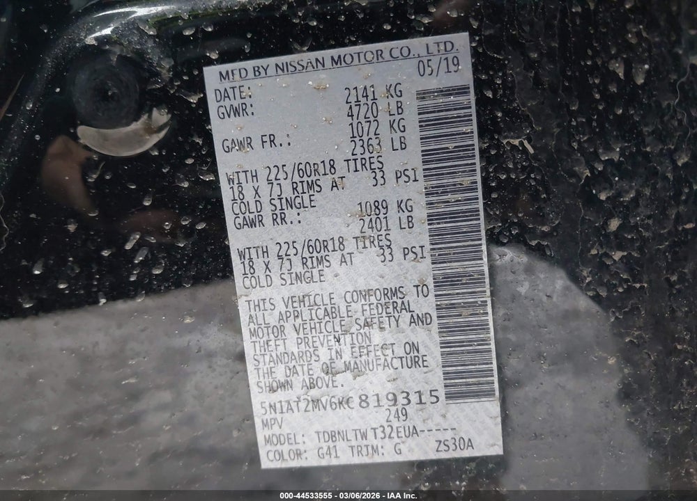 2019 NISSAN ROGUE SV VIN: 5N1AT2MV6KC819315