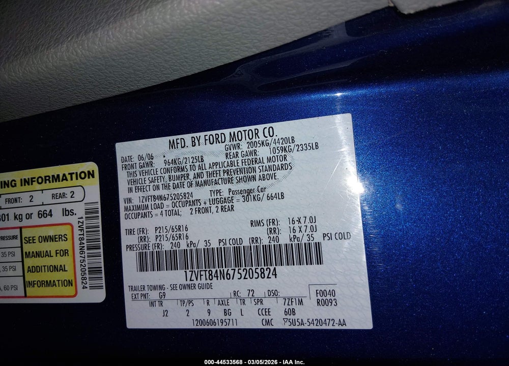 2007 FORD MUSTANG V6 DELUXE/V6 PREMIUM VIN: 1ZVFT84N675205824