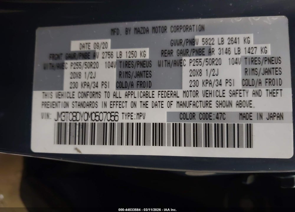 2021 MAZDA CX-9 CARBON EDITION VIN: JM3TCBDY0M0507056