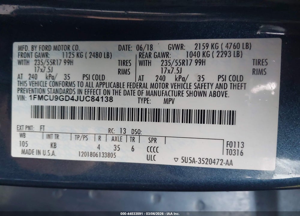 2018 FORD ESCAPE SE VIN: 1FMCU9GD4JUC84138