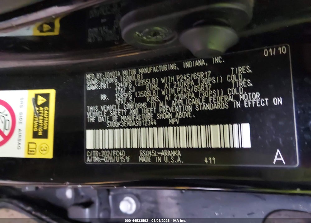2010 TOYOTA HIGHLANDER BASE V6 VIN: 5TDBK3EH0AS012344