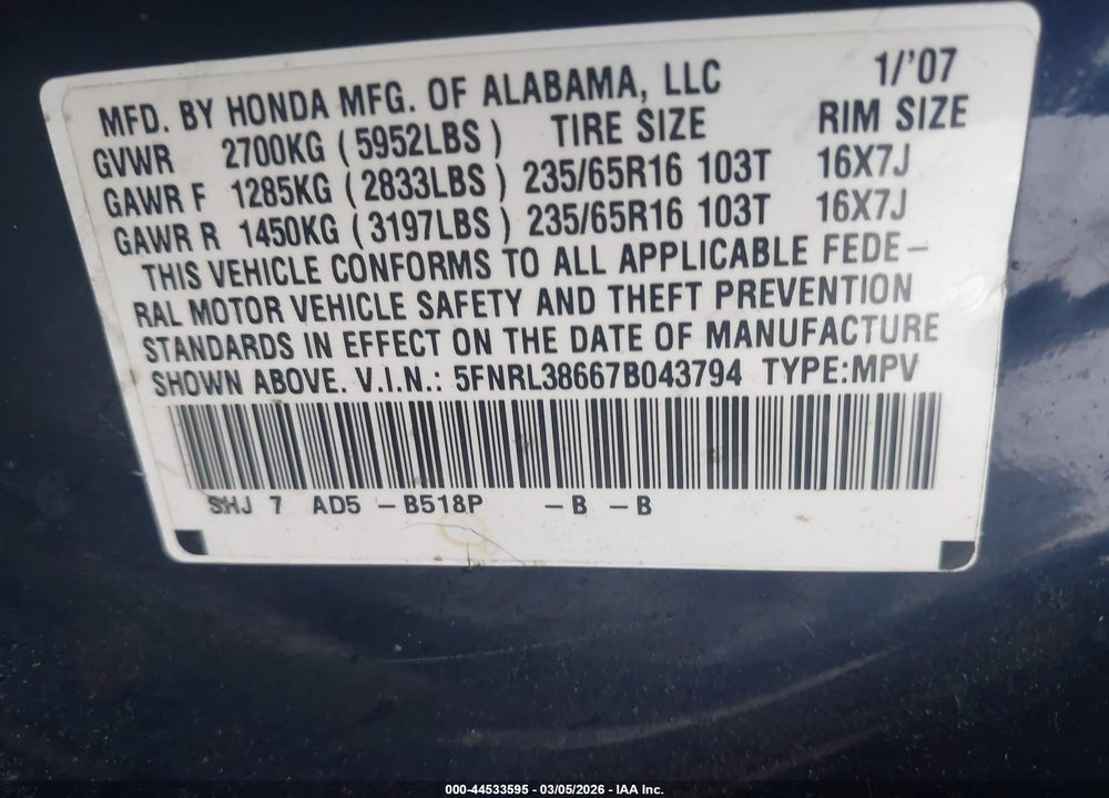 2007 HONDA ODYSSEY EX-L VIN: 5FNRL38667B043794
