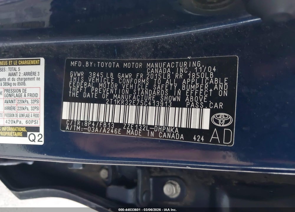 2005 TOYOTA MATRIX XR VIN: 2T1KR32E75C413913