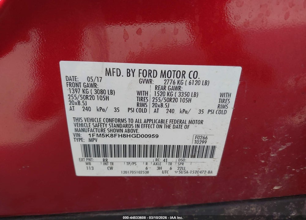 2017 FORD EXPLORER LIMITED VIN: 1FM5K8FH8HGD00959