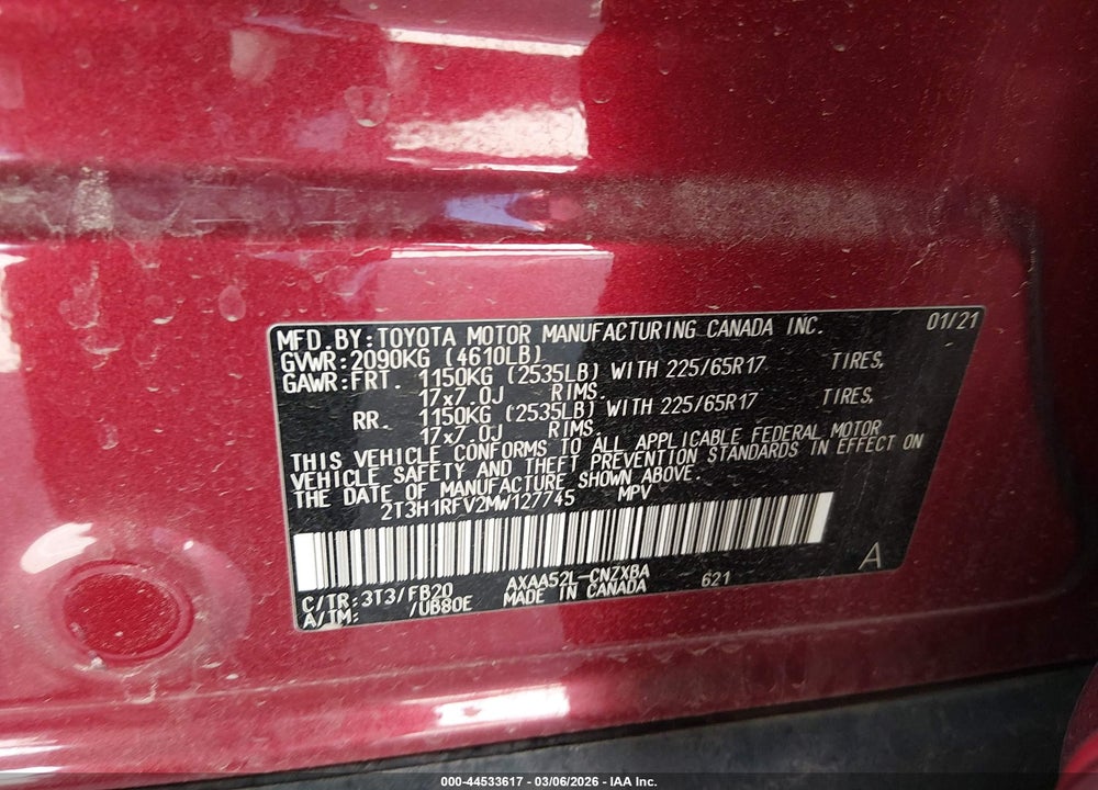 2021 TOYOTA RAV4 LE VIN: 2T3H1RFV2MW127745