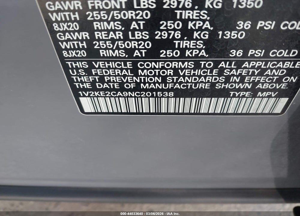 2022 VOLKSWAGEN ATLAS CROSS SPORT 3.6L V6 SE W/TECHNOLOGY VIN: 1V2KE2CA9NC201538