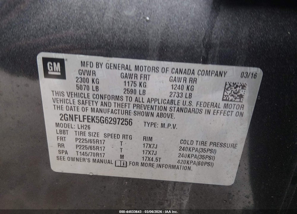 2016 CHEVROLET EQUINOX LT VIN: 2GNFLFEK5G6297256