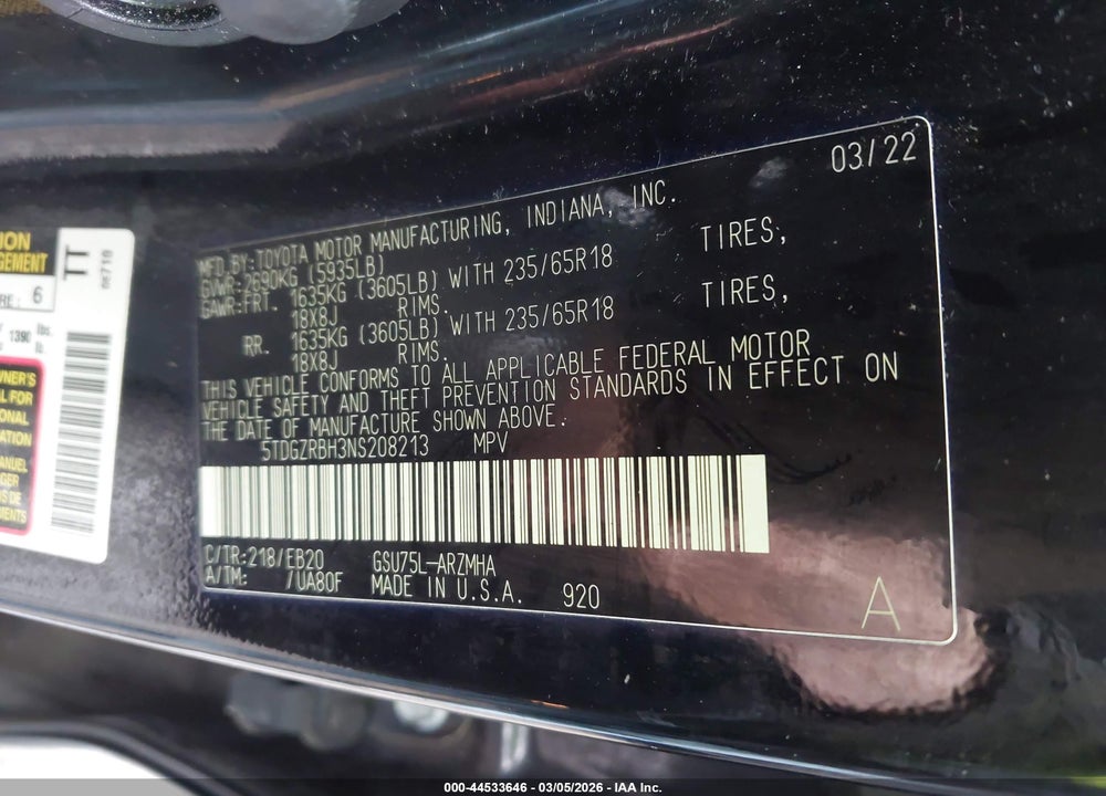 2022 TOYOTA HIGHLANDER XLE VIN: 5TDGZRBH3NS208213