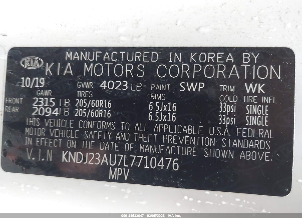2020 KIA SOUL S VIN: KNDJ23AU7L7710476