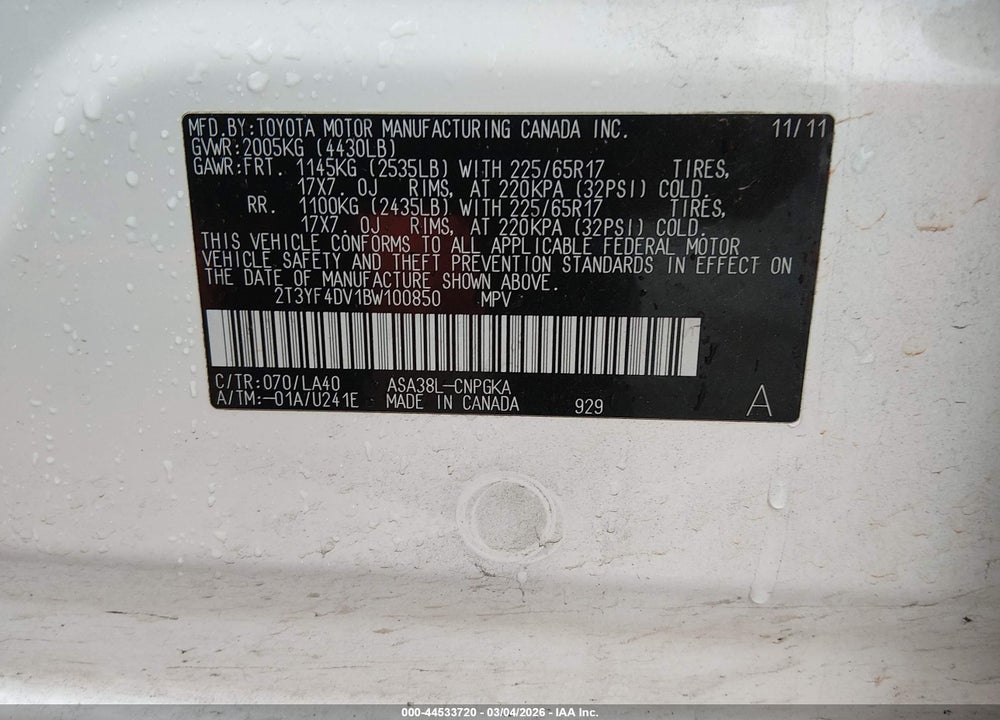 2011 TOYOTA RAV4 LIMITED VIN: 2T3YF4DV1BW100850