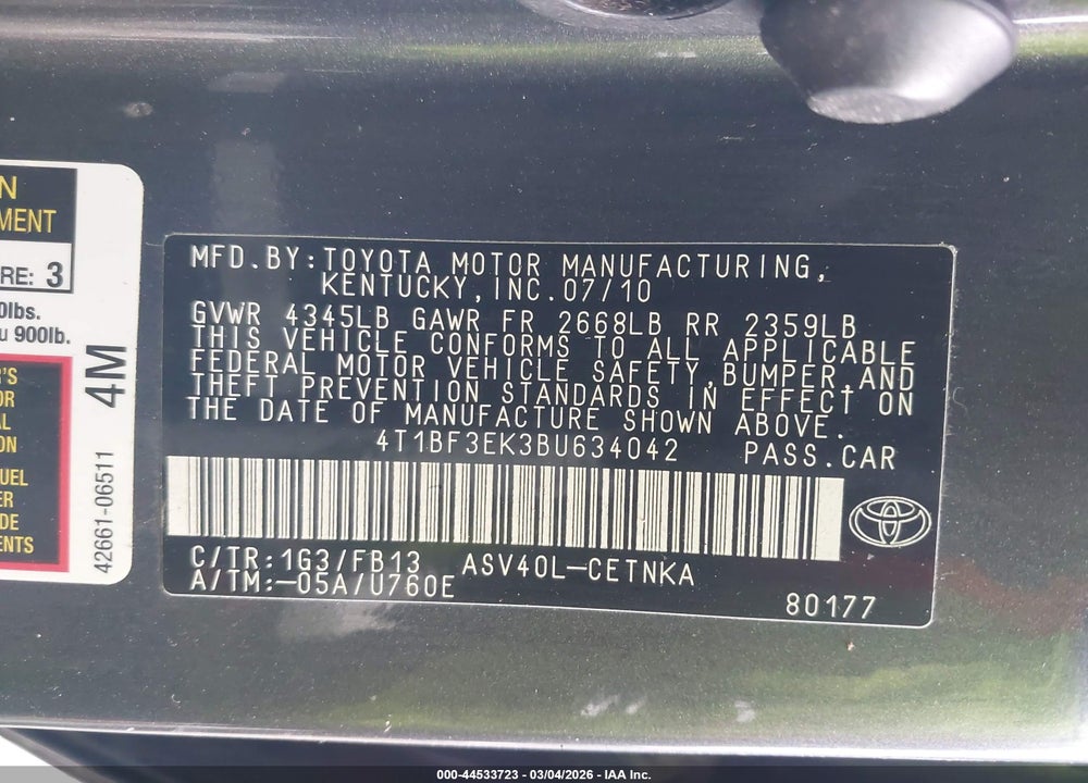 2011 TOYOTA CAMRY LE VIN: 4T1BF3EK3BU634042