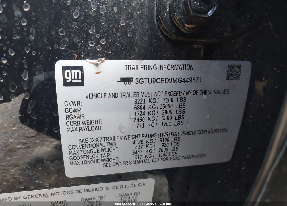 2021 GMC SIERRA 1500 4WD  SHORT BOX ELEVATION VIN: 3GTU9CED9MG449571