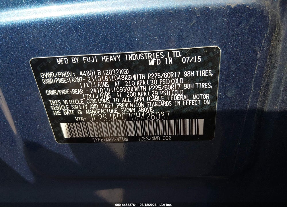 2016 SUBARU FORESTER 2.5I PREMIUM VIN: JF2SJADC7GH426037