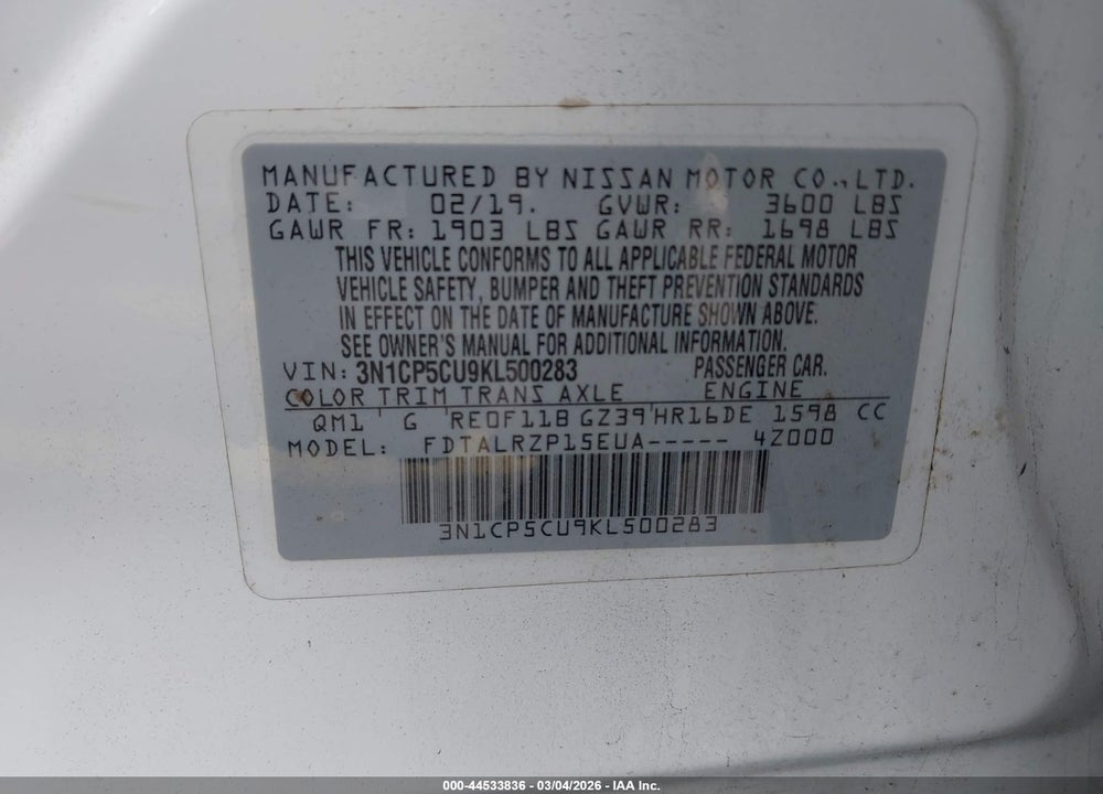 2019 NISSAN KICKS S VIN: 3N1CP5CU9KL500283