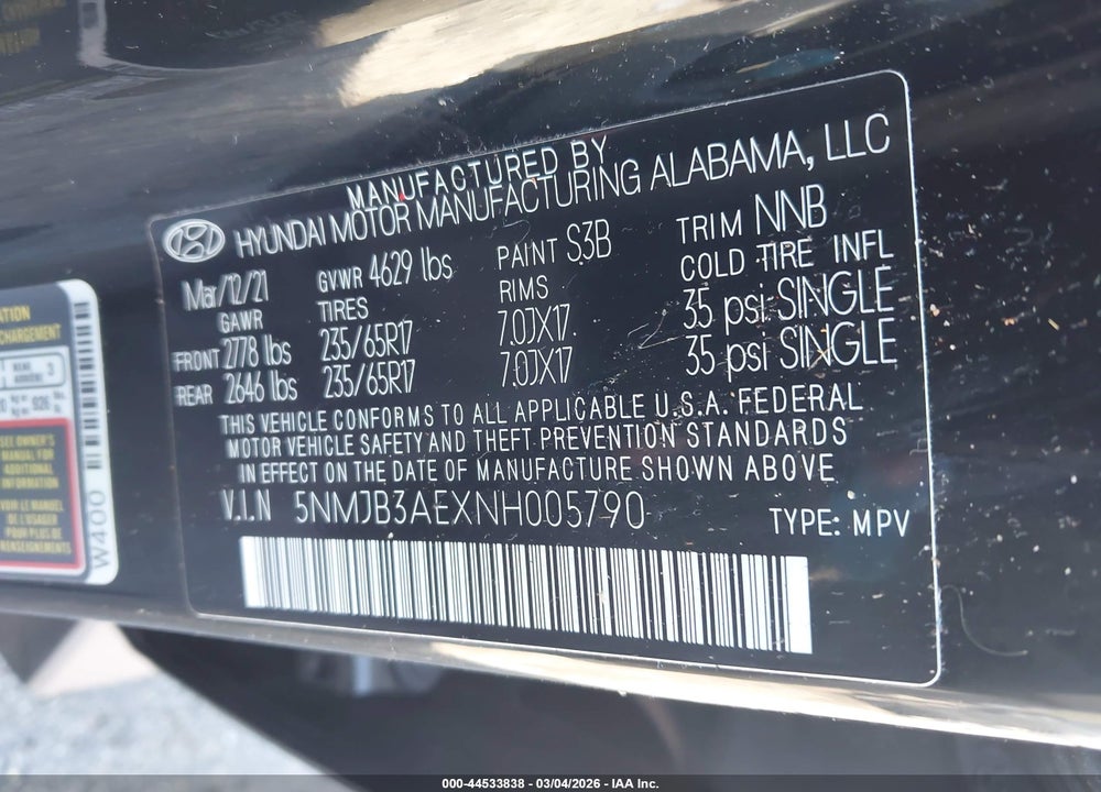 2022 HYUNDAI TUCSON SEL VIN: 5NMJB3AEXNH005790